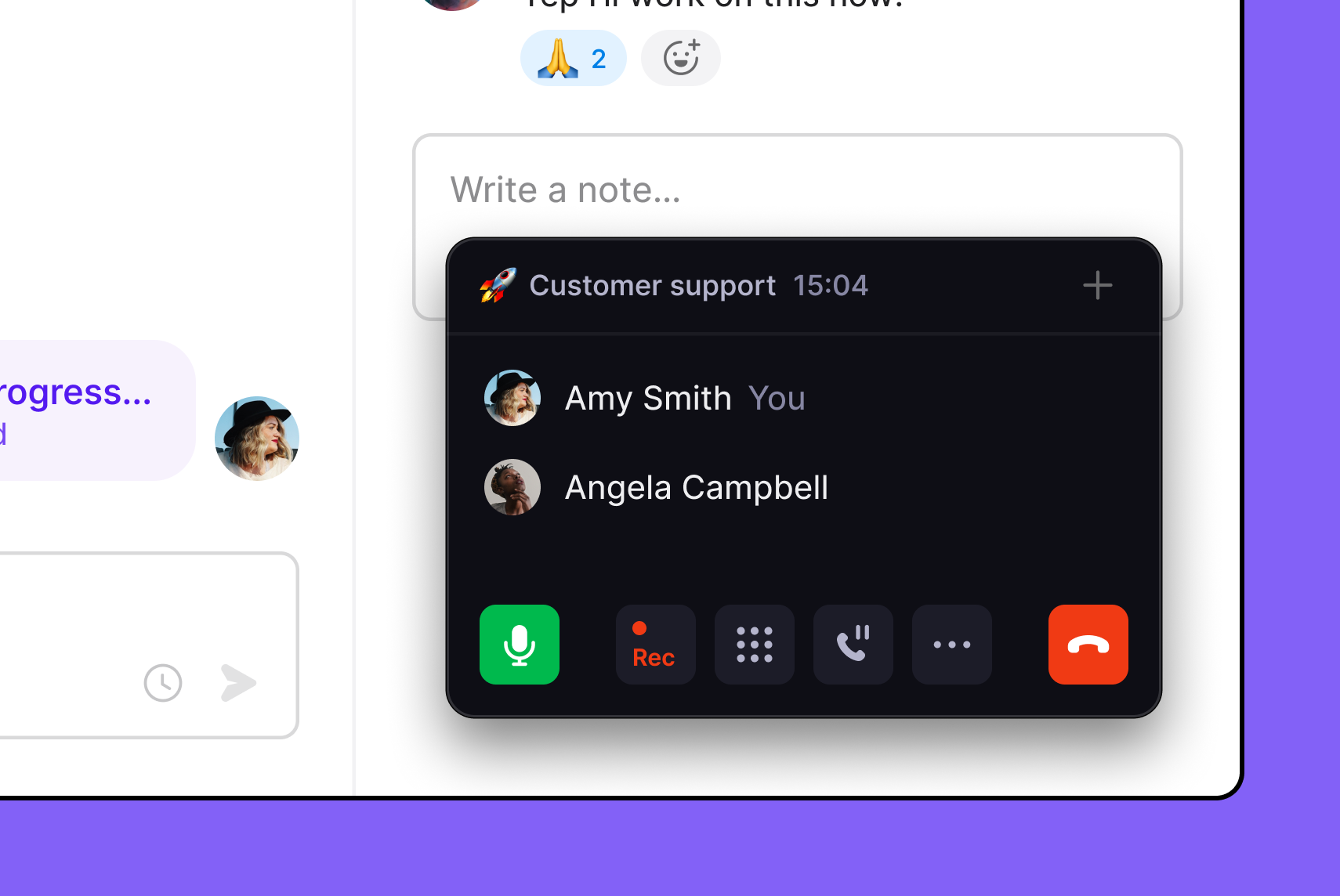 OpenPhone Call recording - A purple screen with a chat window open.