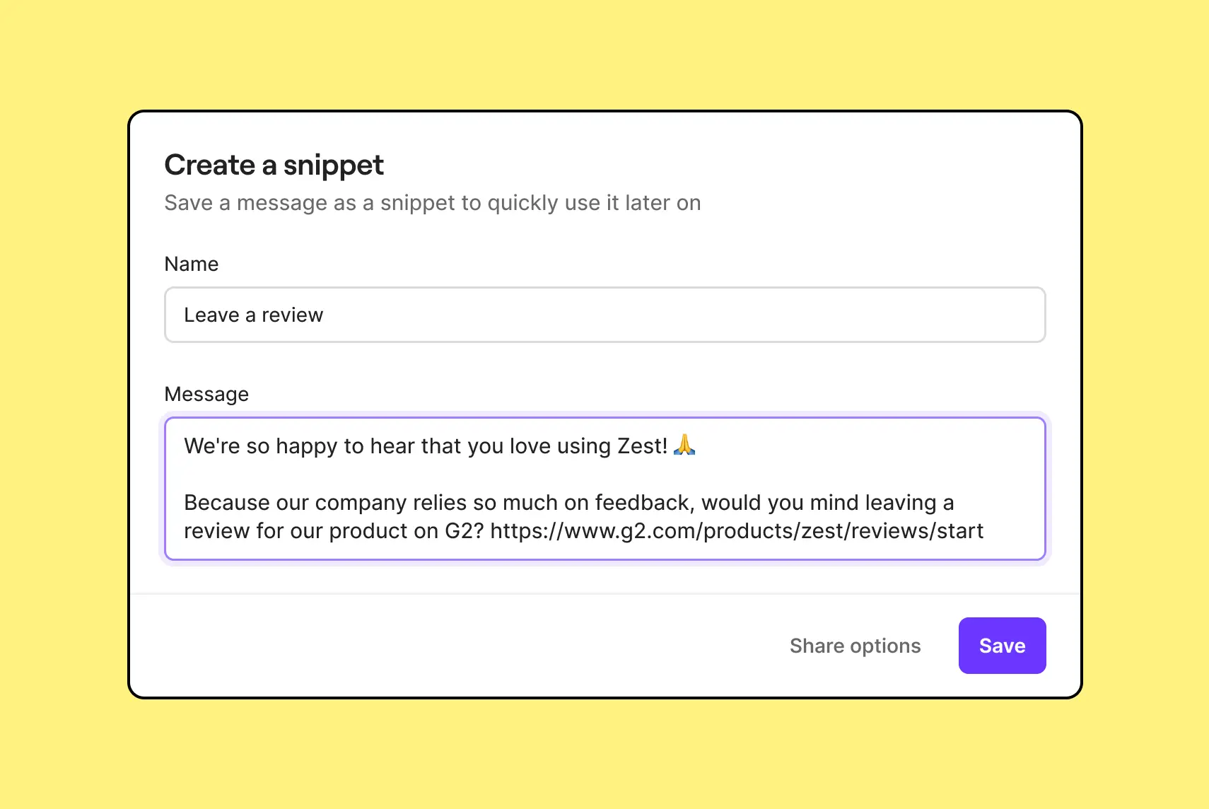 A yellow background with a message that says "create a snippet".