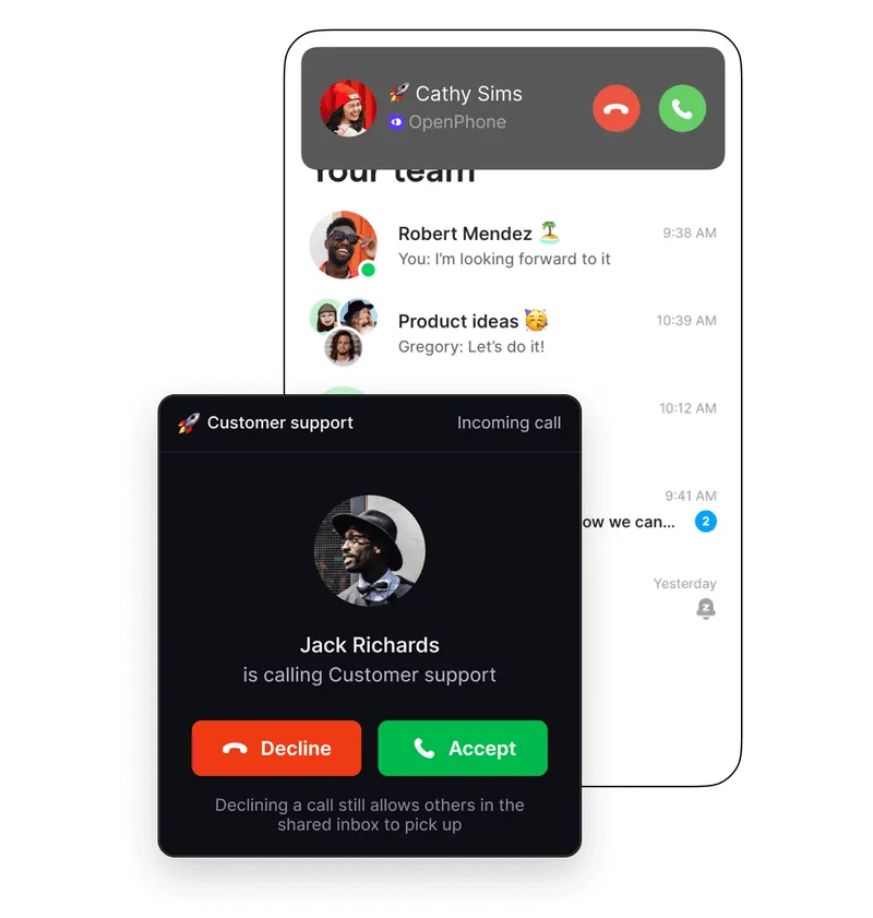Smartphone screen showing a chat app with messages and an incoming call popup from Jack Richards to Customer support with Decline and Accept buttons.