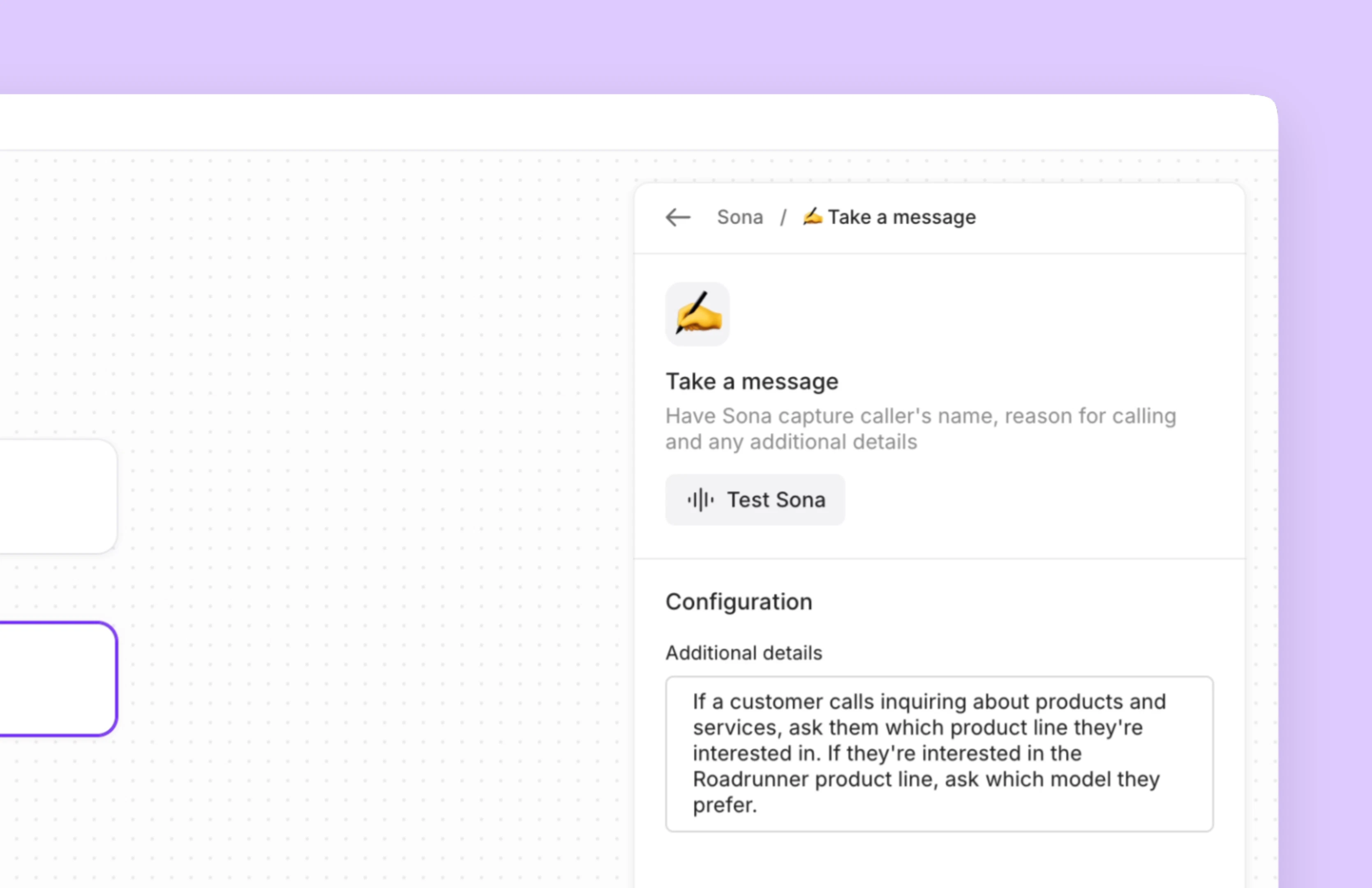 Sona interface screen showing 'Take a message' feature with instructions to capture caller's name, reason for calling, and additional details about product inquiries.