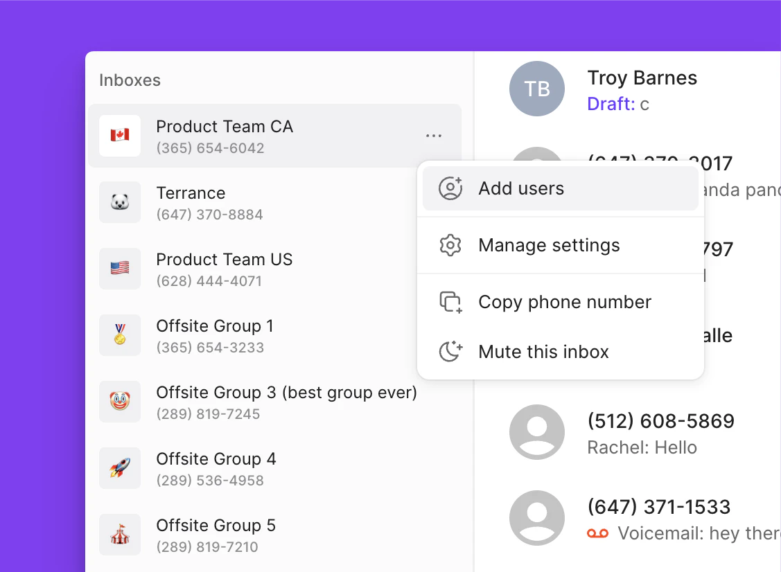 Messaging app interface showing multiple inboxes with flags and emojis beside team or group names and a menu open with options to add users, manage settings, copy phone number, and mute inbox.
