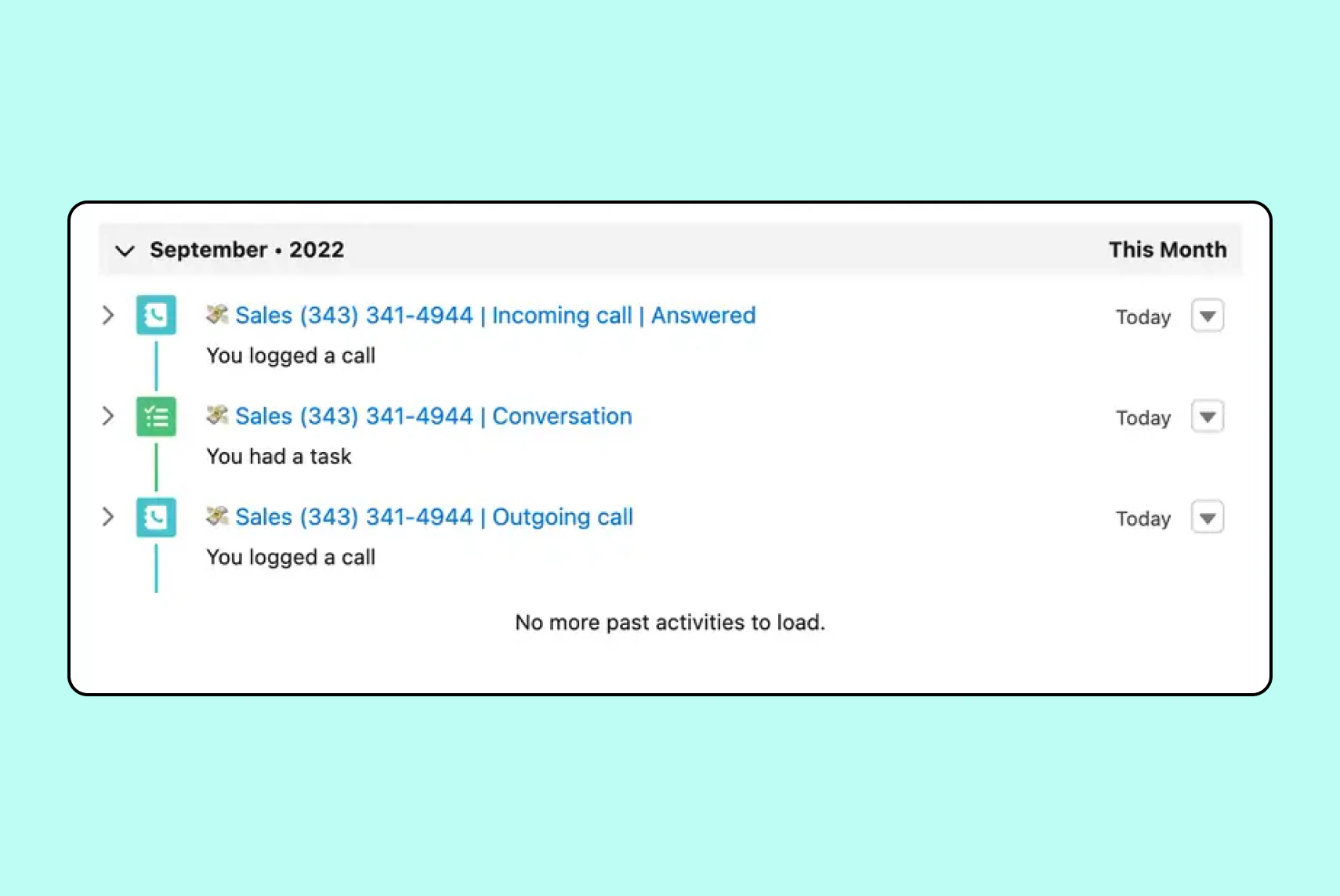 Salesforce call log for September 2022 showing three entries: an incoming call answered, a task conversation, and an outgoing call, all for Sales at (343) 341-4944, with each entry marked as today.