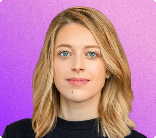 Portrait of a young woman with shoulder-length blonde hair and blue eyes wearing a black top on a purple gradient background.