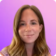 Smiling woman with long light brown hair against a purple gradient background.