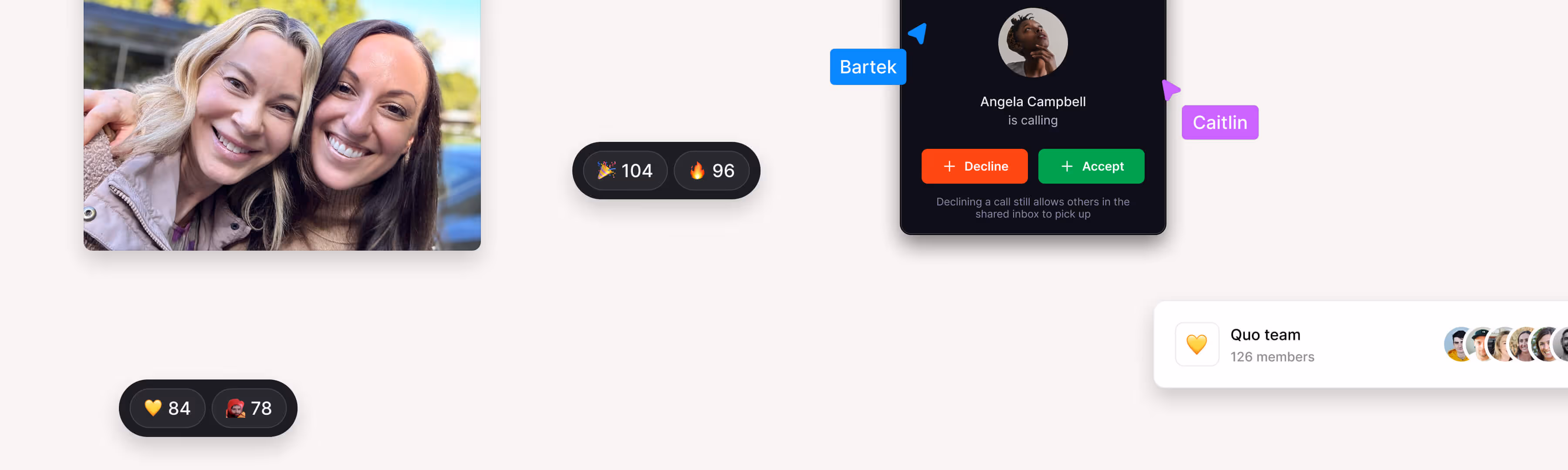 Smiling photo of two women hugging outdoors with digital interface elements showing reactions and a video call notification.