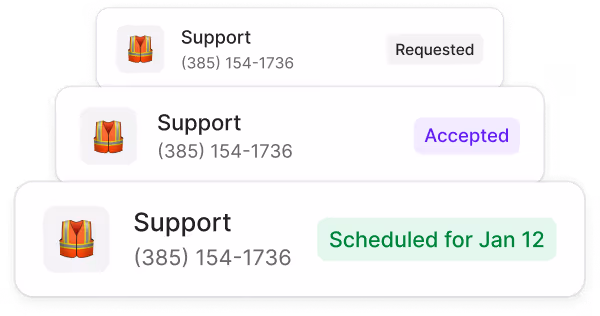 Three messaging status cards for a contact named Support with phone number (385) 154-1736 showing statuses Requested, Accepted, and Scheduled for Jan 12.