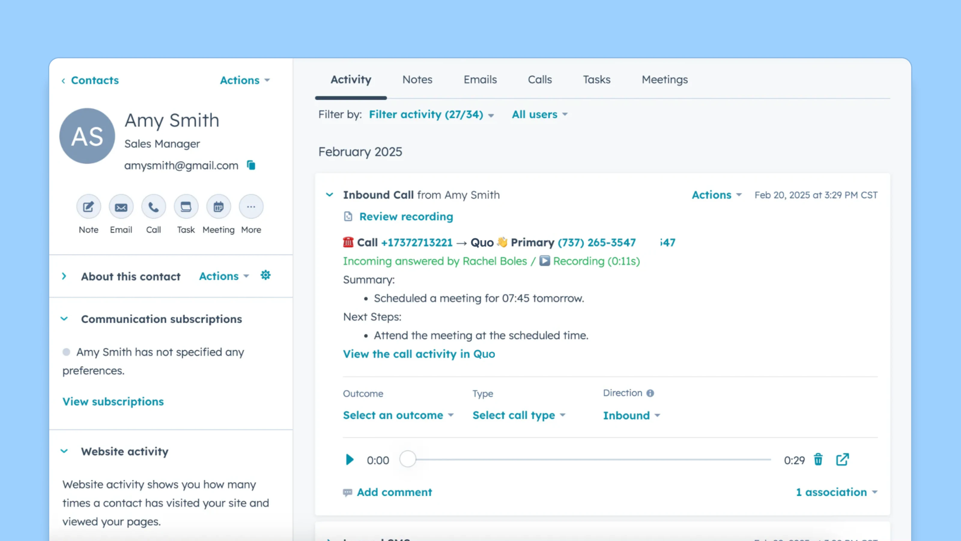 CRM screen showing contact Amy Smith's activity with an inbound call logged on February 20, 2025, including call details, recording, and next steps.