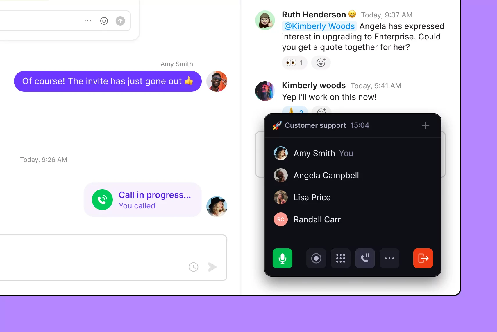 Chat interface showing messages about a call invite and upgrade request, with a call in progress status and a customer support call window listing participants Amy Smith, Angela Campbell, Lisa Price, and Randall Carr.