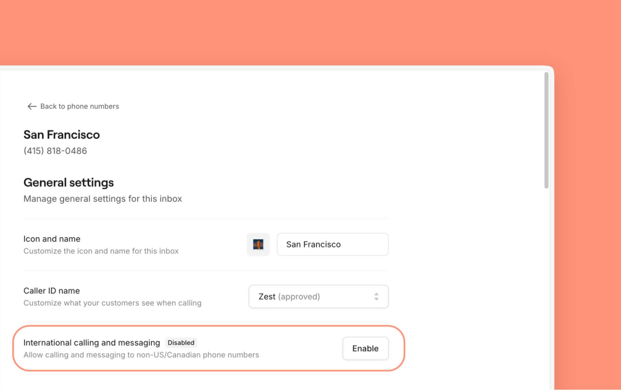 Settings page showing San Francisco inbox with phone number and option to enable international calling and messaging.