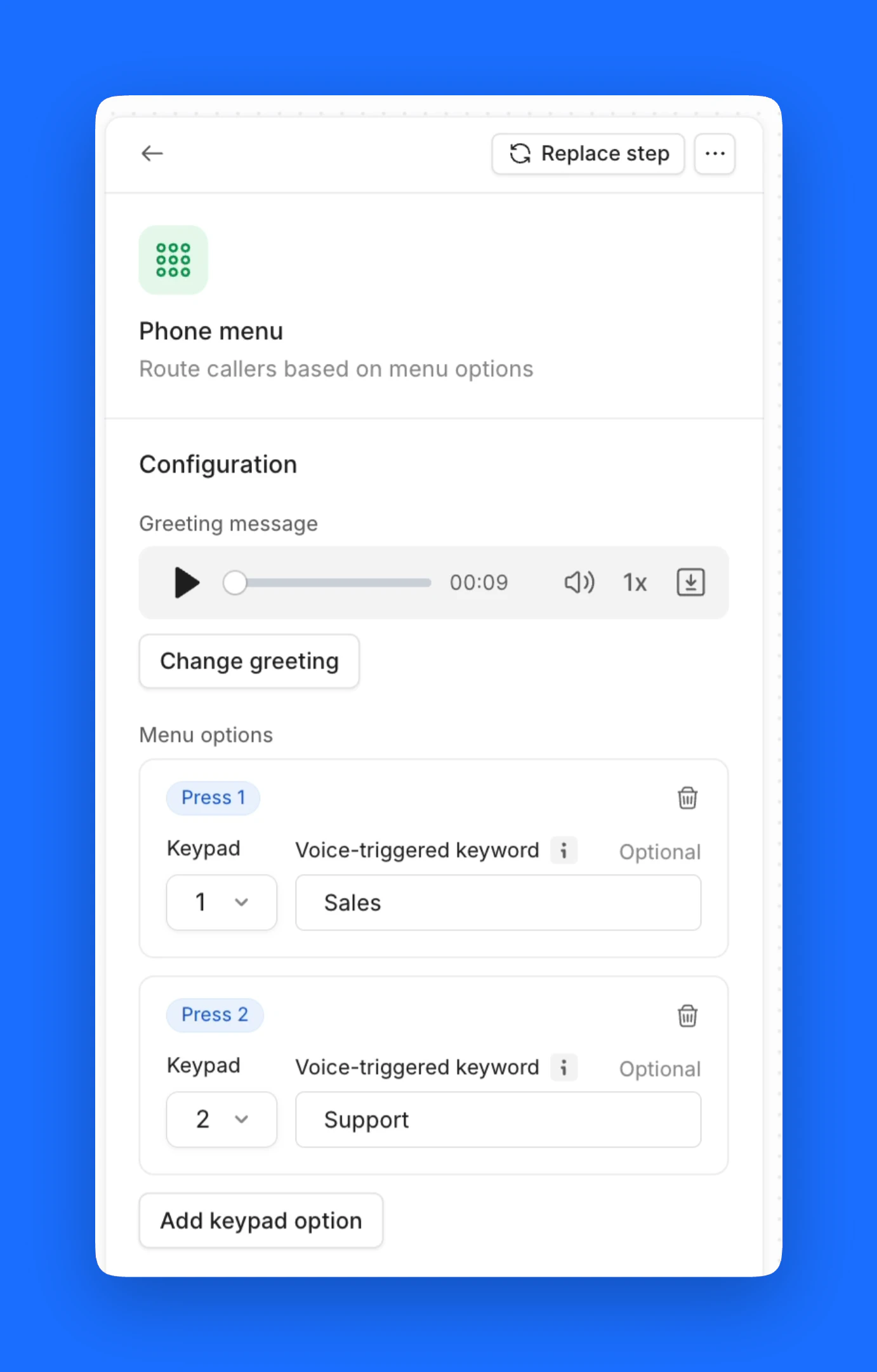 Quo (formerly OpenPhone) visual of the Phone Menu feature