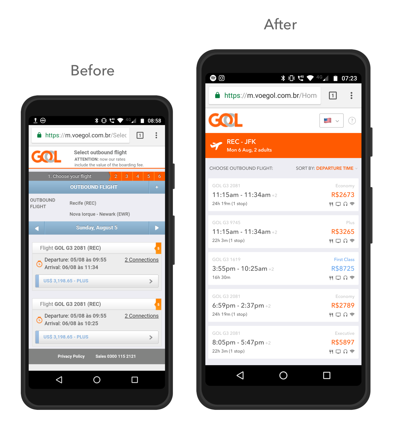 redesigned flight listing comparison