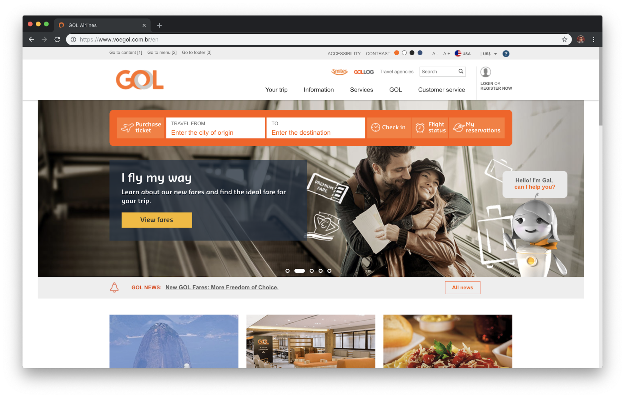gol's current desktop home page