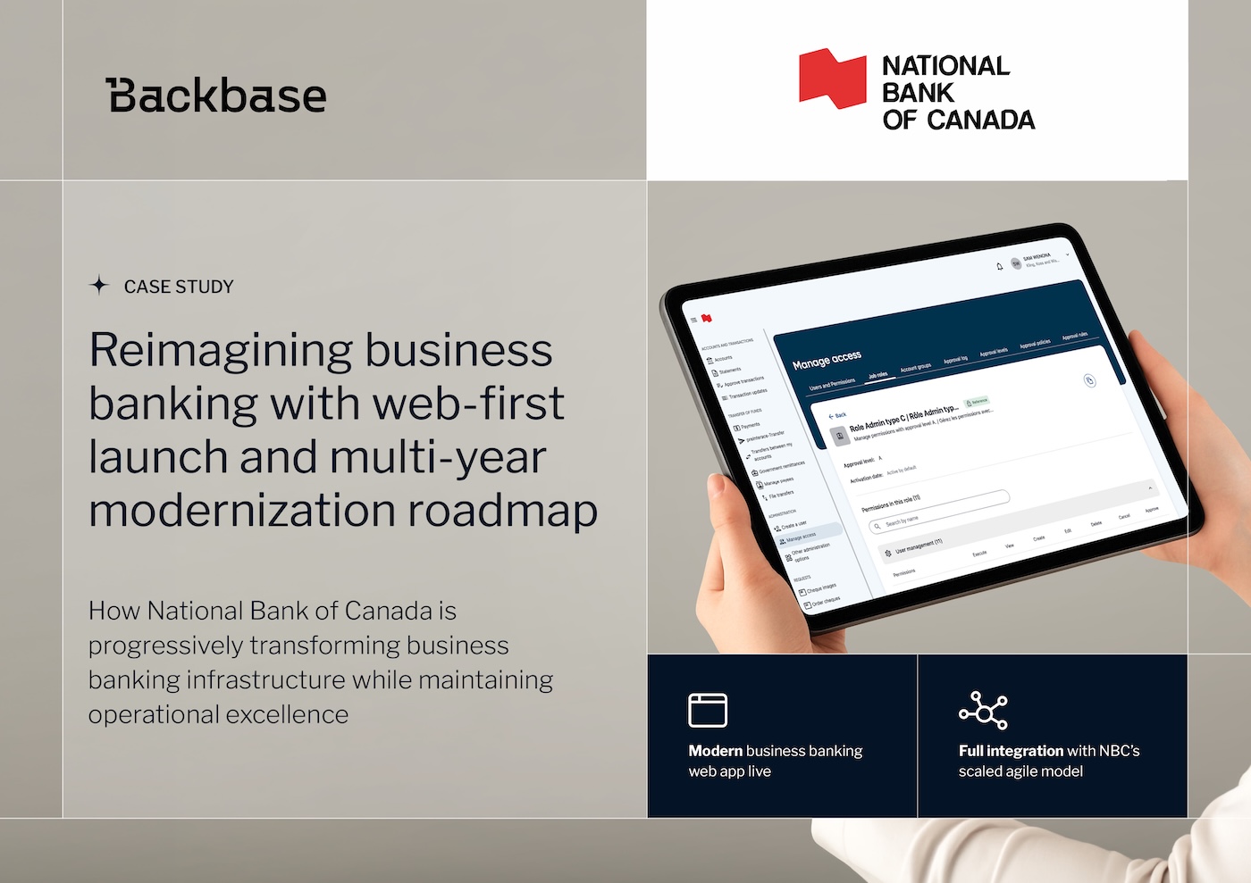 Close-up of a person holding a tablet displaying National Bank of Canada’s business banking web application interface, showing account management and user access features.