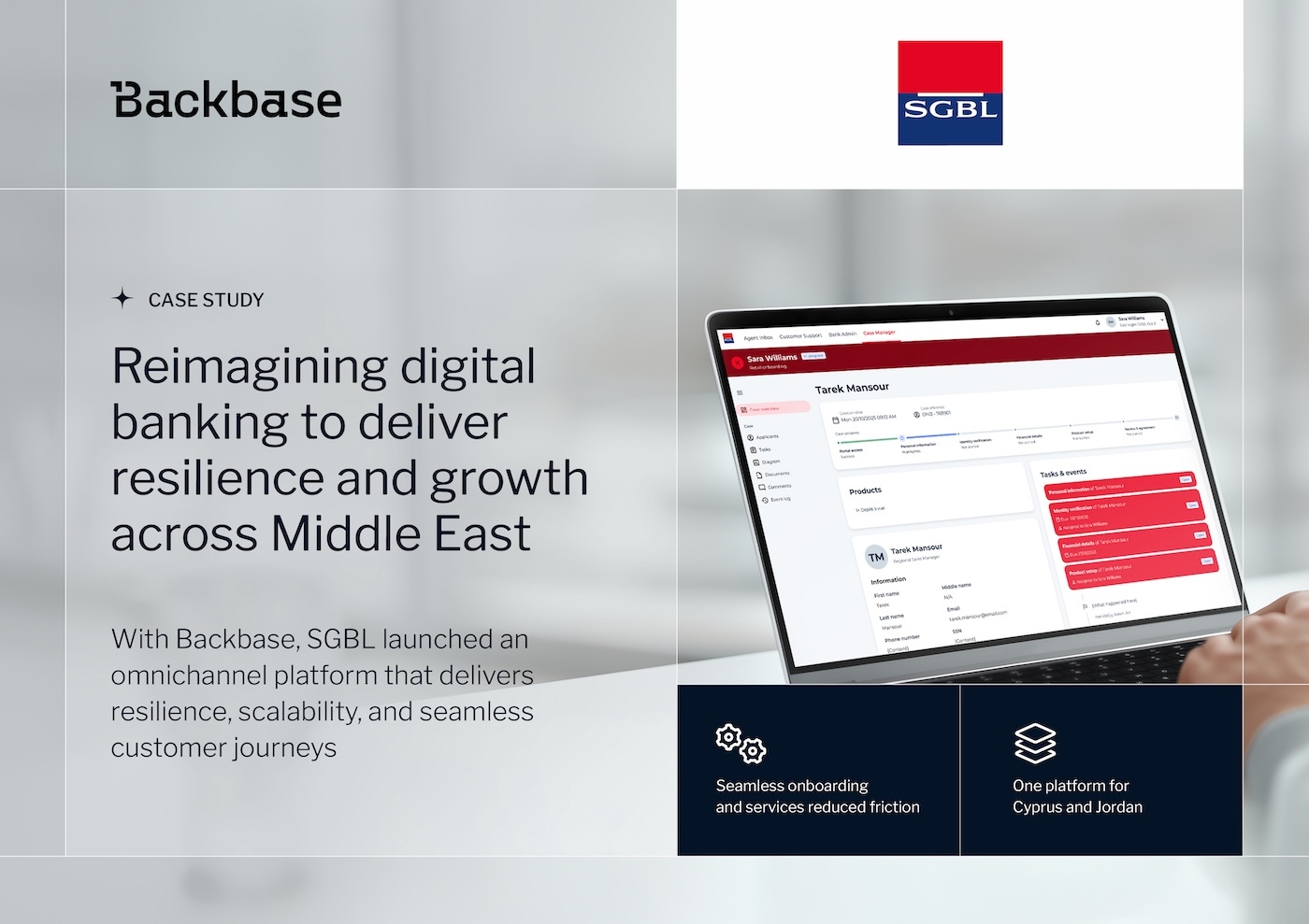 Angled iPad displaying SGBL’s digital banking dashboard with a red and white interface