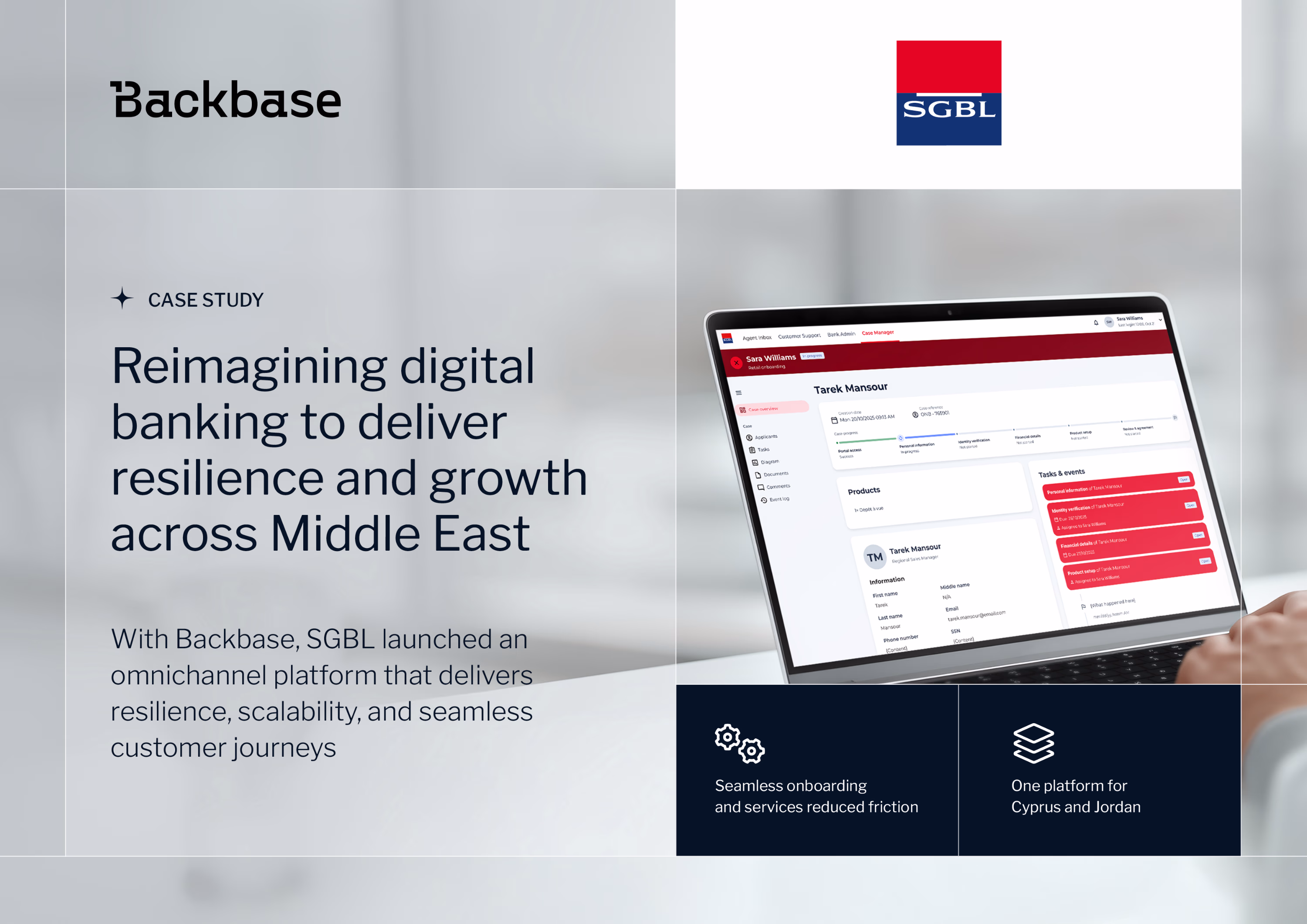Angled iPad displaying SGBL’s digital banking dashboard with a red and white interface