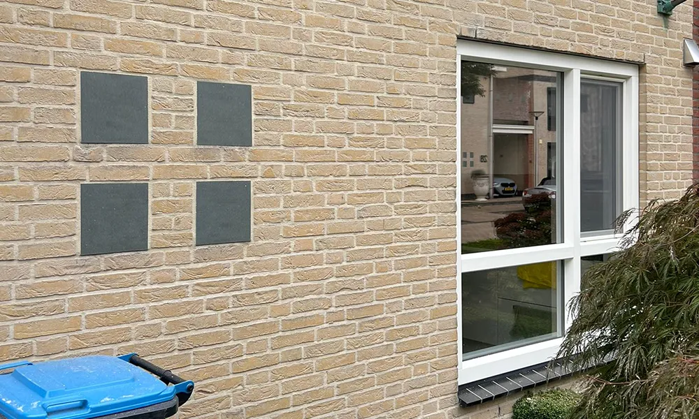 Voorgevel met kunststof raamkozijn in witte afwerking, naast decoratieve donkere geveltegels in vierkante vorm.