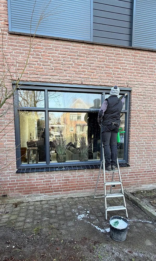 Antraciet kunststof achterdeur met zijraam en vaste panelen onder overkapping, strak gemonteerd in bakstenen gevel en onderhoudsarm uitgevoerd.