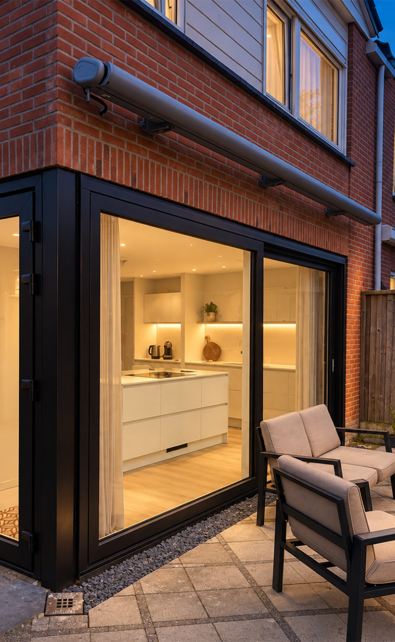 Witte kunststof schuifpui met grote glaspartijen die toegang geeft tot de tuin en veel licht in de woonkamer brengt.