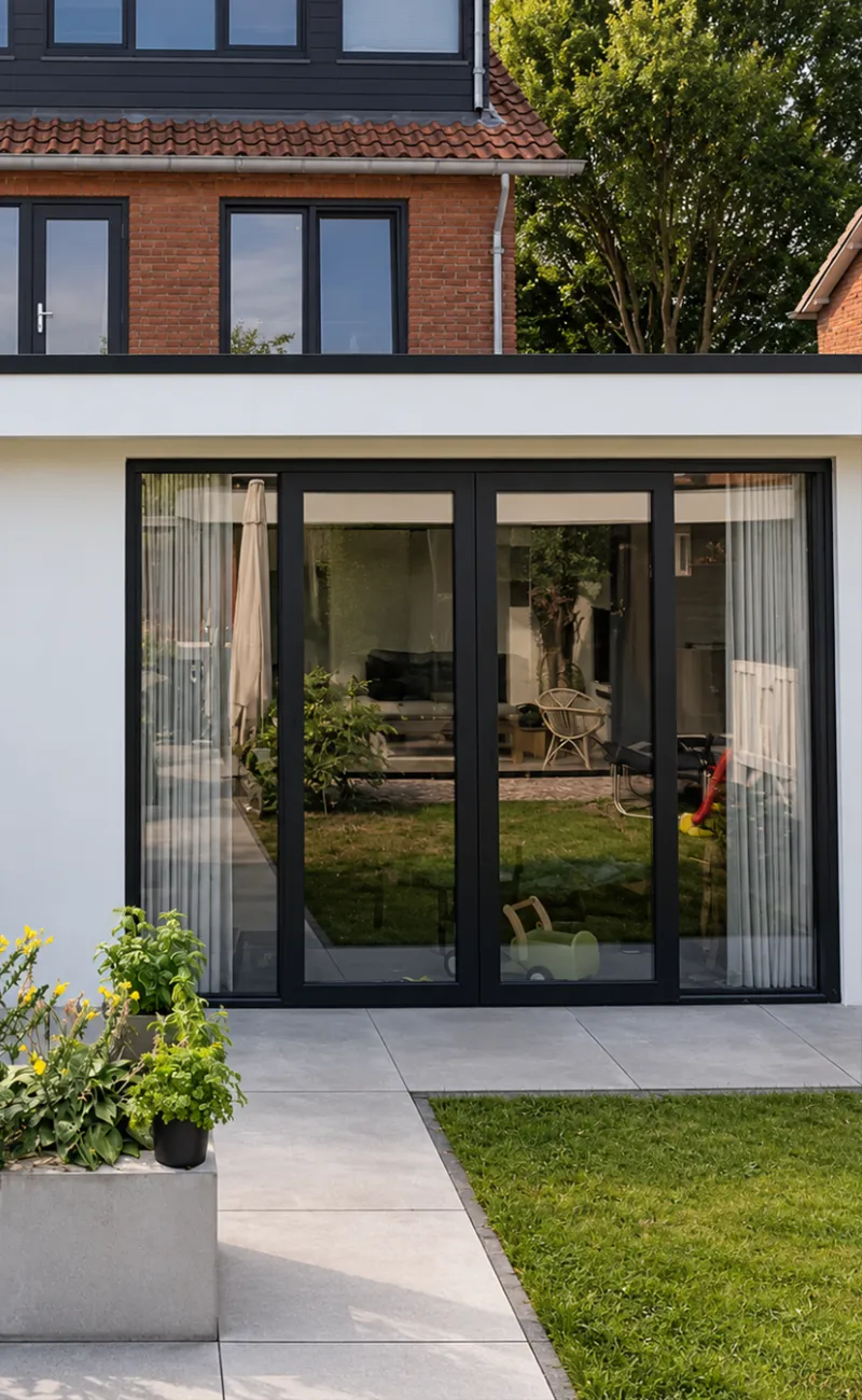 Donkergrijze kunststof tuindeuren met grote glaspartijen en metalen deurklink, uitkijkend op een groene tuin.