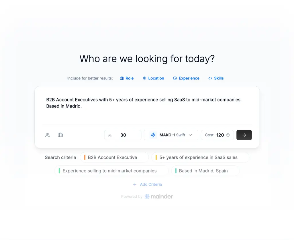 Hiring search interface looking for B2B Account Executives with 5+ years SaaS sales experience, based in Madrid, showing search criteria and cost.