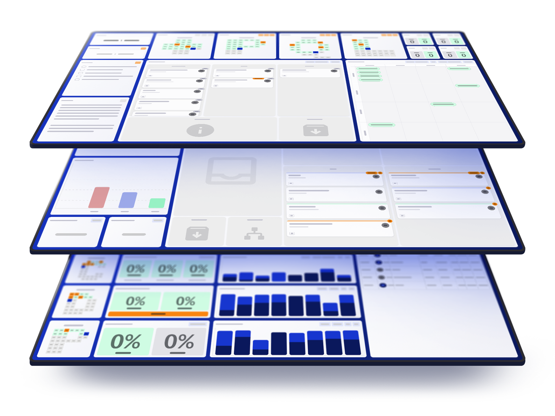 Layered digital dashboards showing charts, task boards, and performance metrics.
