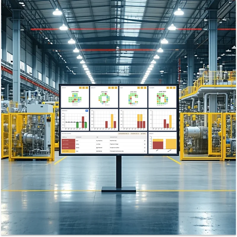 Large digital dashboard screen displayed on the factory floor.