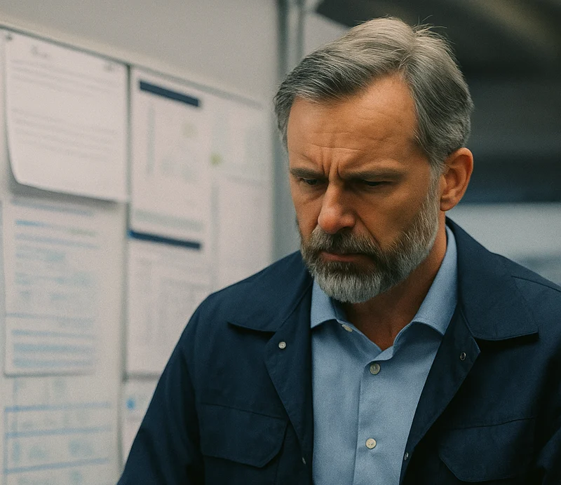 Man in a work jacket standing in front of a wall with documents.