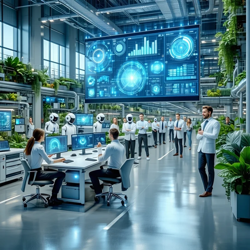 Modern high-tech office with digital screens and teams working collaboratively.