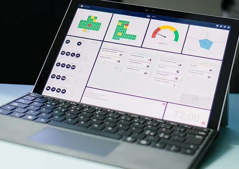 Laptop displaying a digital dashboard with status indicators, charts, and task boards.