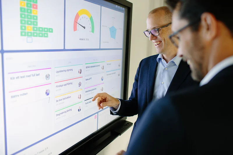 Two professionals reviewing tasks and performance metrics on a large digital board.
