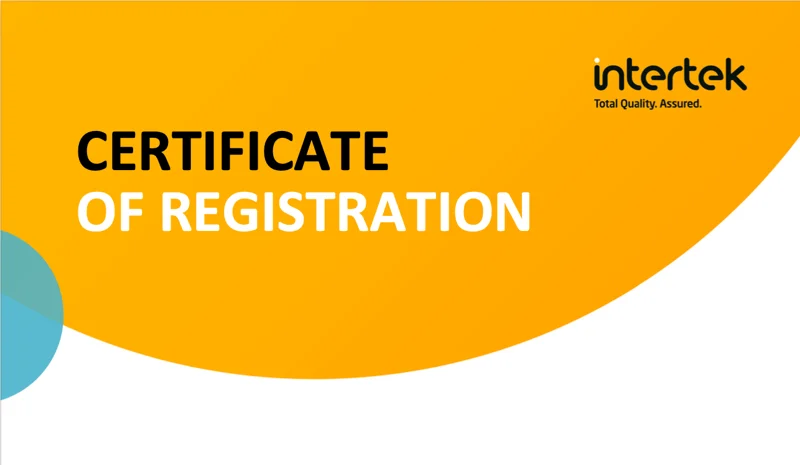 Intertek Certificate of Registration graphic in yellow and white.