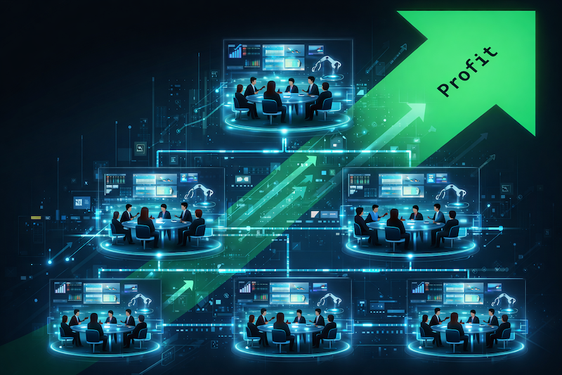Illustration of an organizational hierarchy connected to performance data and profit