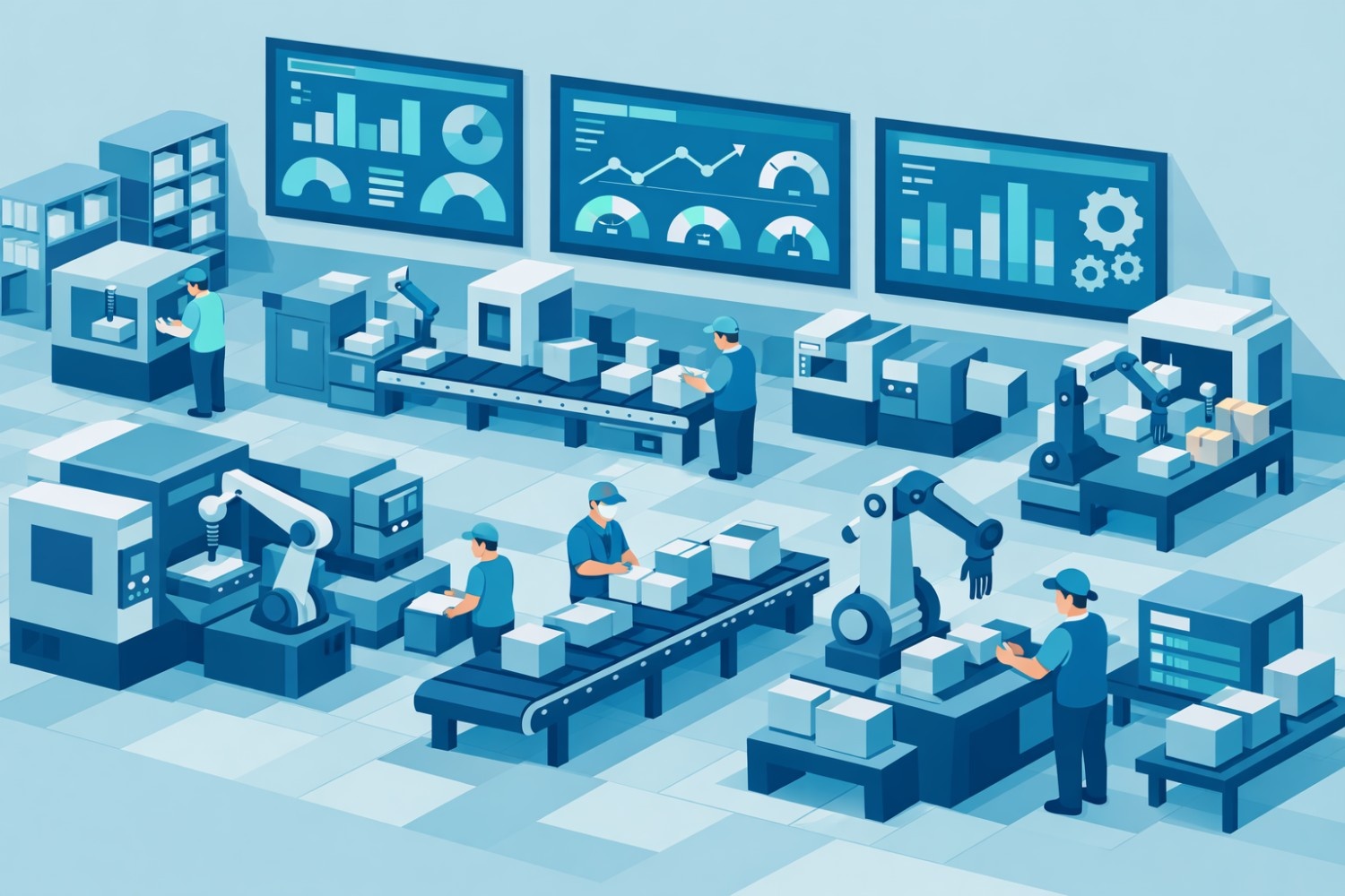 Illustration of a connected factory with automated production and performance dashboards