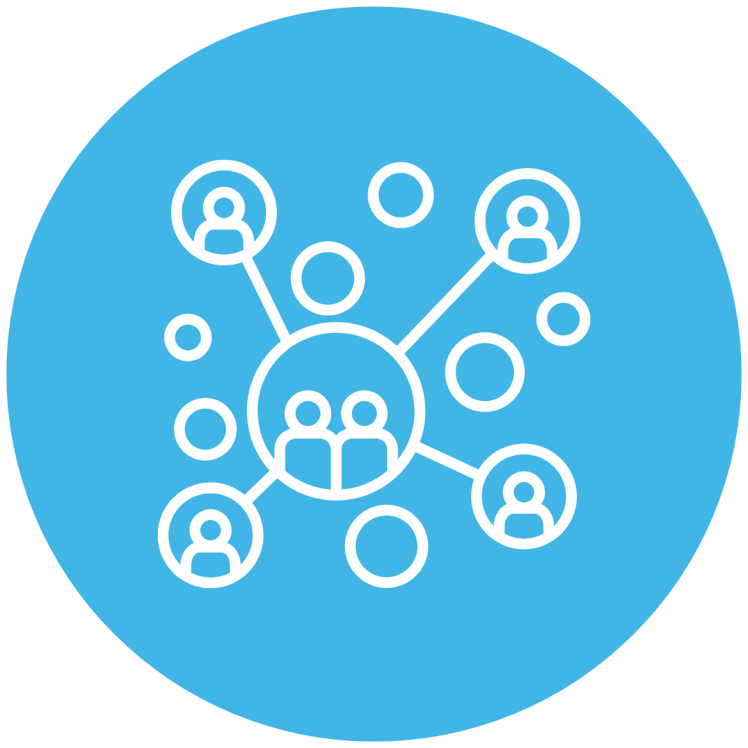 Icon of multiple stacked documents with text blocks on a blue circular background.