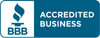 Better Business Bureau Accredited Business seal in blue and white.