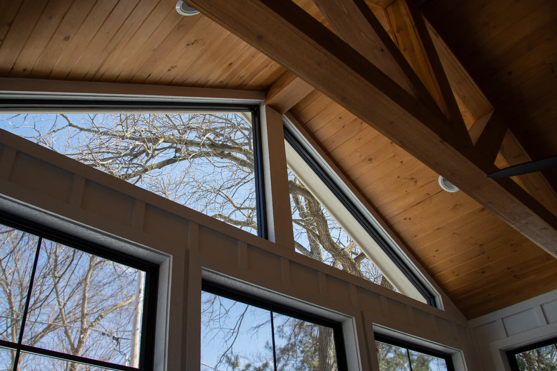 Sunroom windows set high under a vaulted wood ceiling to frame tree and sky views