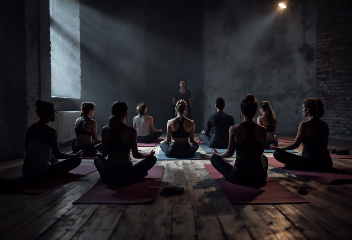 yoga class in a dim loft