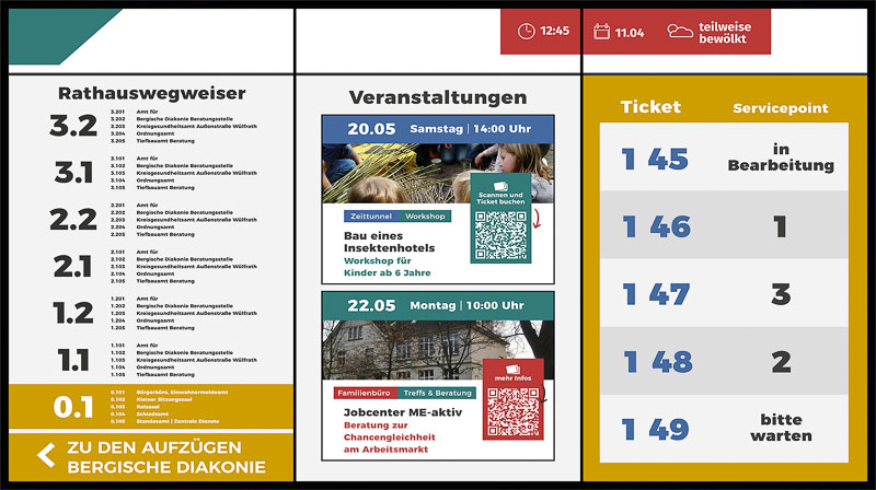 Digitale Anzeigetafel zeigt Rathauswegweiser mit Etagen und Ämtern, Veranstaltungen am 20.05 und 22.05, sowie Ticketnummern und Status am Servicepoint.