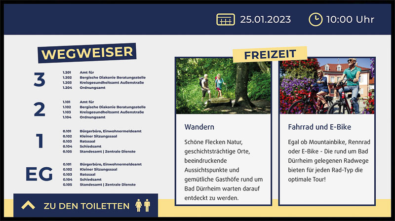 Beschilderung mit Wegweiser zu Ämtern in verschiedenen Stockwerken und Freizeitangeboten Wandern und Fahrrad und E-Bike in Bad Dürrheim.
