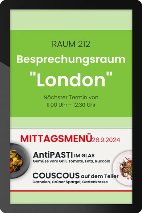 Digitale Türtafel für Besprechungsraum 'London', Raum 212, mit nächstem Termin von 11:00 bis 12:30 Uhr und Mittagessen-Menü am 26.9.2024 mit Antipasti im Glas und Couscous auf dem Teller.