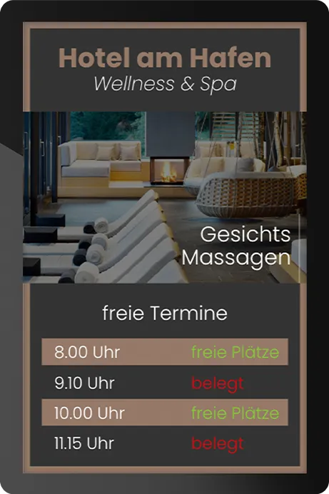 Anzeige für Wellness- und Spa-Gesichtsmassagen im Hotel am Hafen mit Verfügbarkeiten: 8.00 und 10.00 Uhr frei, 9.10 und 11.15 Uhr belegt.