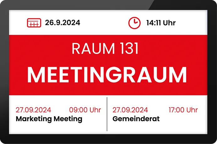 Digitales Türschild für Raum 131 Meetingraum mit Datum 26.9.2024, Uhrzeit 14:11 Uhr, und zwei Terminen: Marketing Meeting am 27.09.2024 um 09:00 Uhr und Gemeinderat am 27.09.2024 um 17:00 Uhr.