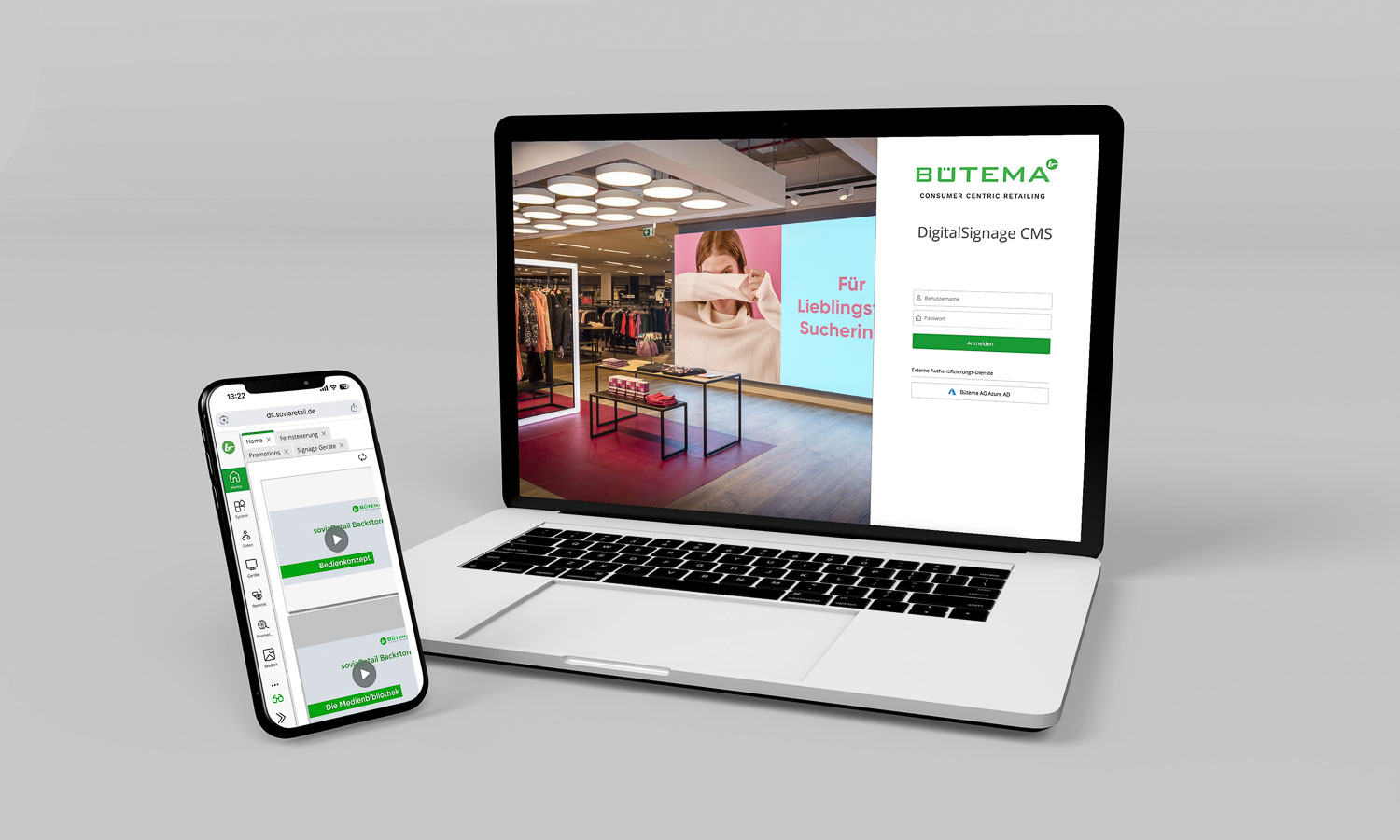 Laptop und Smartphone zeigen Benutzeroberflächen der DigitalSignage CMS-Software von Bütema.