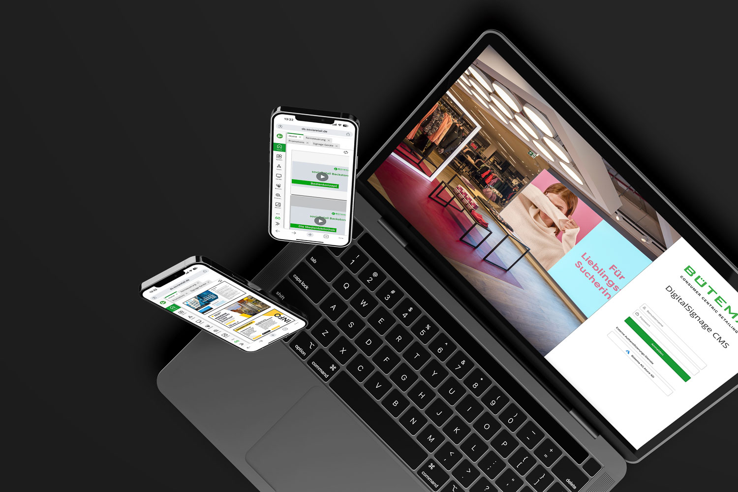 Laptop und zwei Smartphones zeigen Digital Signage CMS-Oberflächen mit Einzelhandels-Inhalten auf schwarzem Hintergrund.