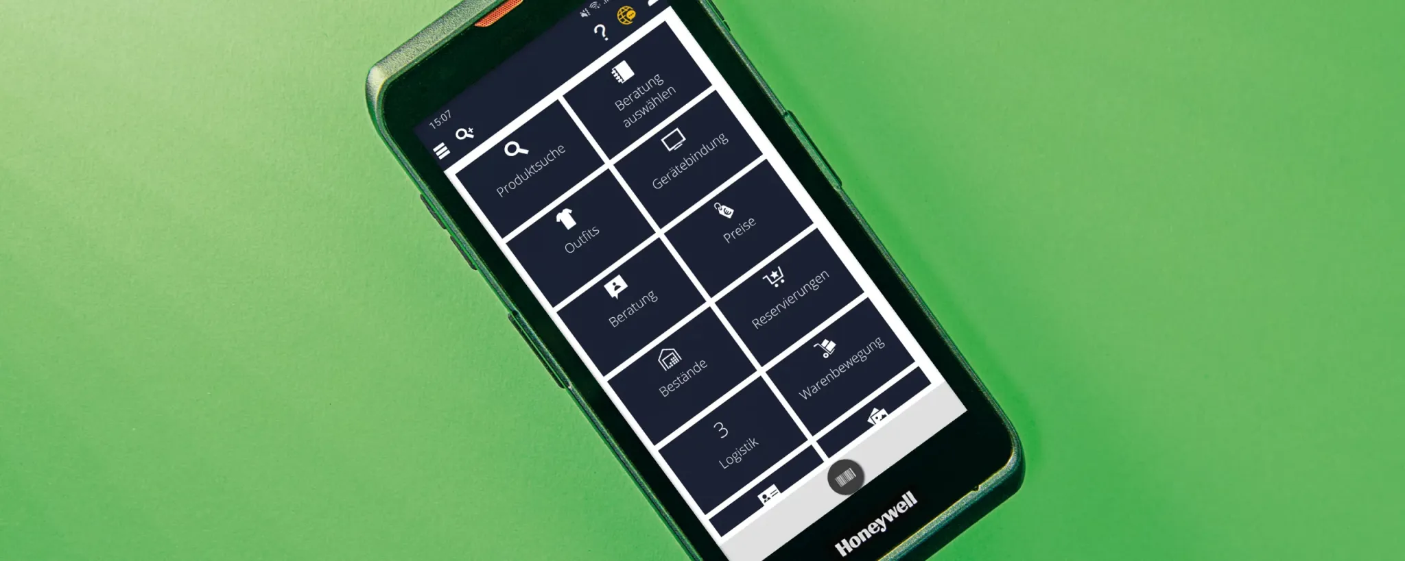 Mobilgerät mit geöffneter Handelssoftware auf grünem Hintergrund.