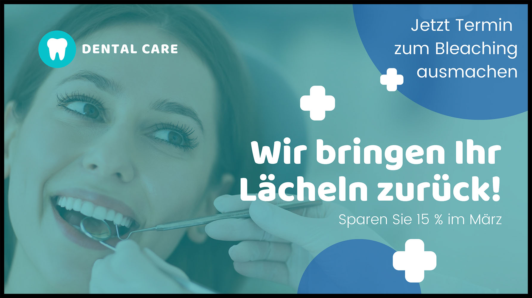 Zahnärztliche Untersuchung bei lächelnder Frau mit Zahnarztinstrumenten im Mund.
