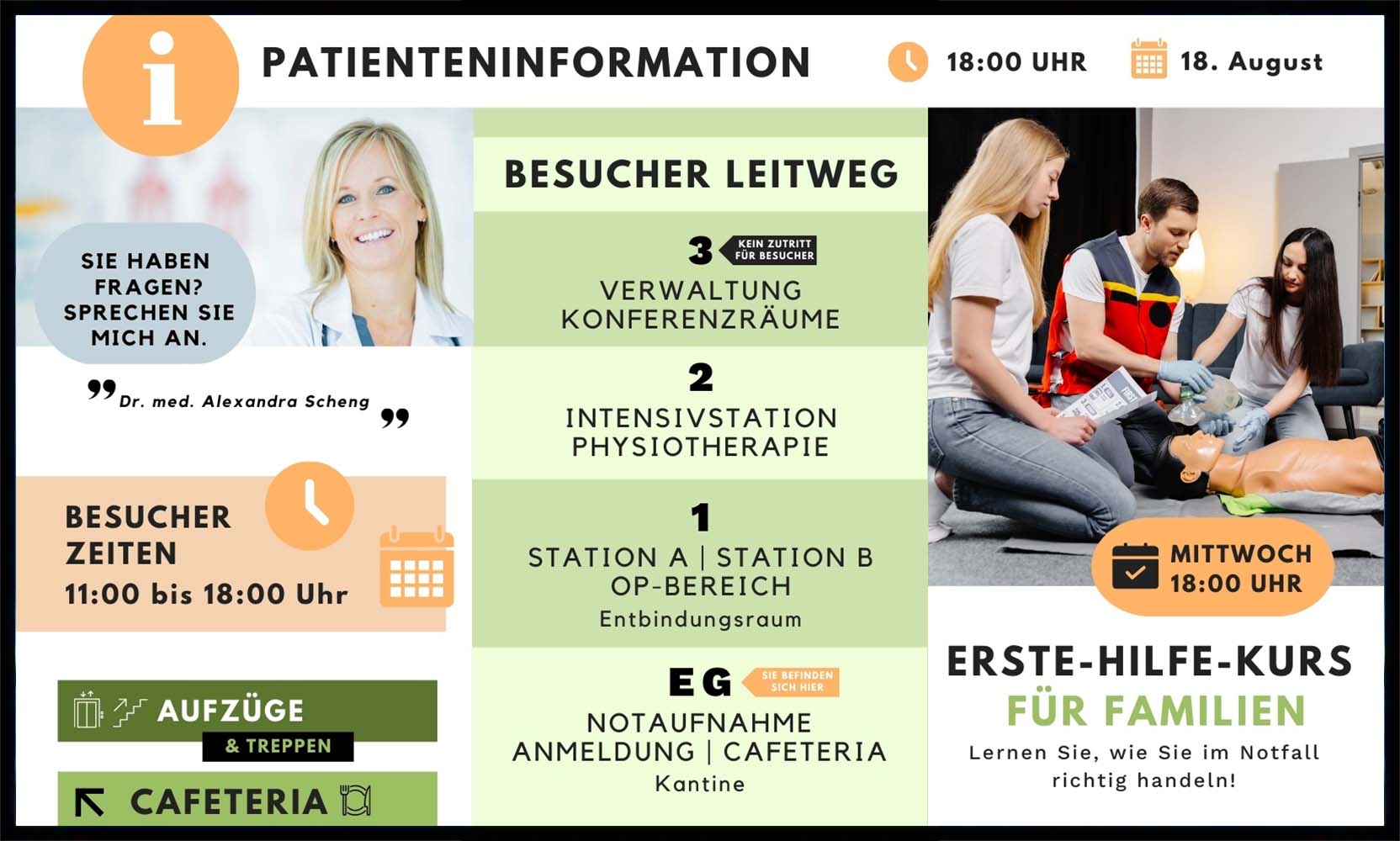 Krankenhaus-Patienteninformation mit Besucherleitweg, Besuchszeiten 11:00-18:00 Uhr, Erste-Hilfe-Kurs für Familien am Mittwoch um 18:00 Uhr und einem Foto von Dr. med. Alexandra Scheng sowie einer Erste-Hilfe-Übung.