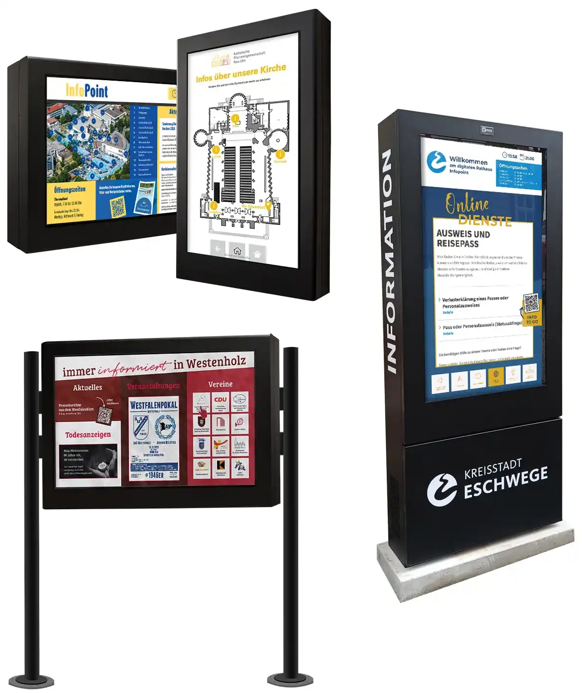 Verschiedene digitale und analoge Informationsschaukästen, darunter ein interaktives Bildschirm-Infopoint, ein digitaler Kirchenplan und ein digitaler Rathaus-Info-Punkt der Kreisstadt Eschwege.