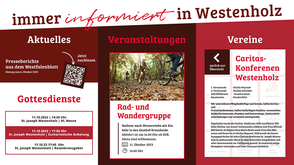 Informationsübersicht in Westenholz mit aktuellen Presseberichten, Gottesdienstzeiten, Rad- und Wandergruppenveranstaltung am 11. Oktober und Details zu Caritas-Konferenzen Westenholz.