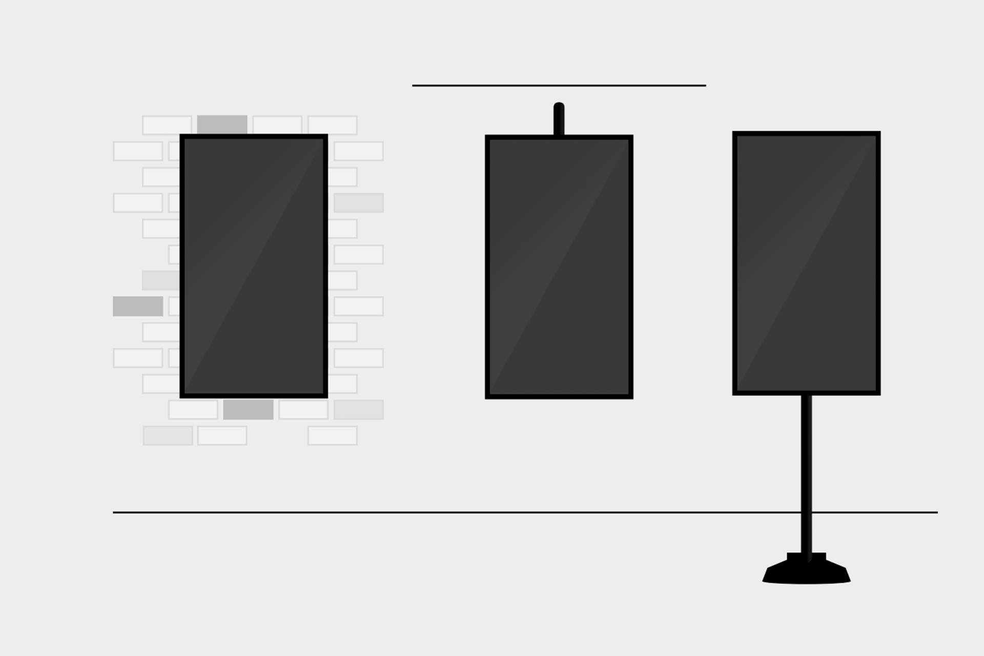 Drei verschiedene schwarze rechteckige Halterungen an einer Wand und einem Ständer dargestellt.